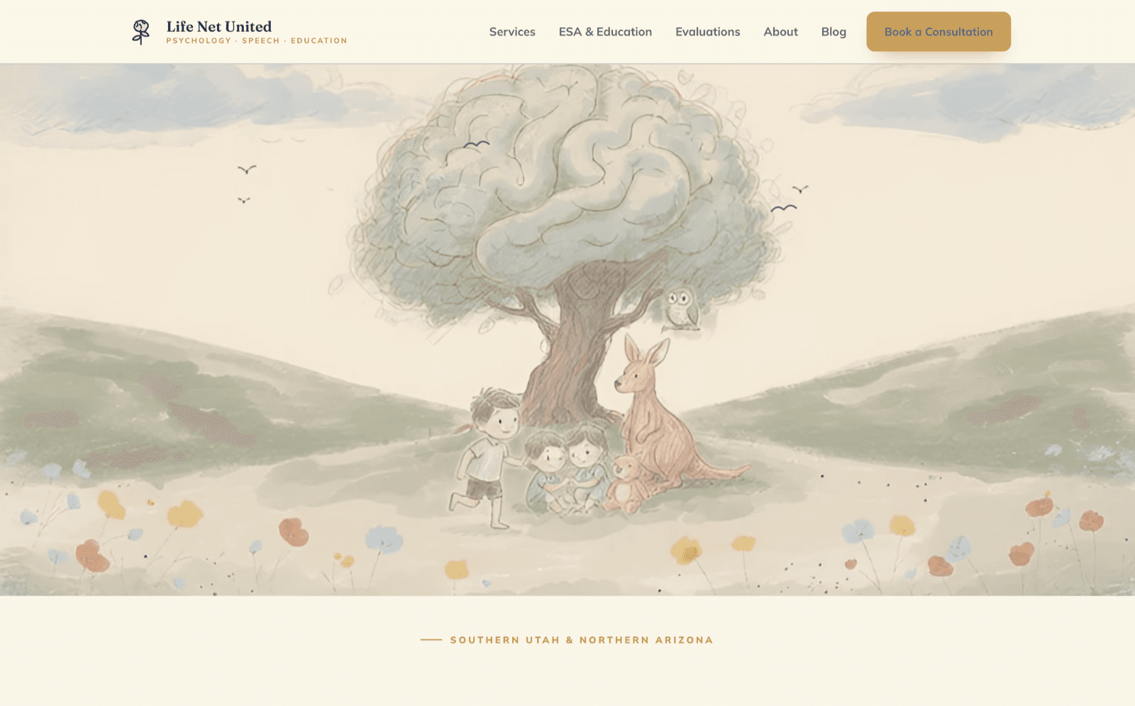 Life Net United home page with the brain-tree illustration
